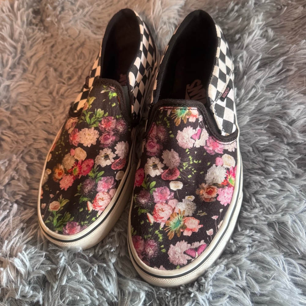 Vans Black & White Checkered Slip-On Sneakers with floral tops - Size 7